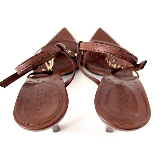 GUCCI | GG Logo Brown Leather Strappy Heels Sandals Size 7.5 - Picture 12 of 16